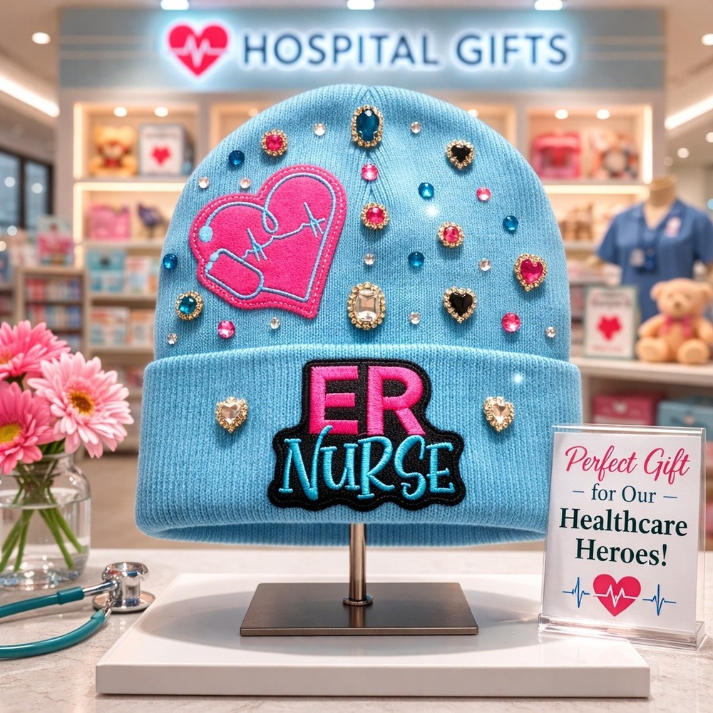 ER Nurse Beanie‎ Blue design with Logo, Blue, Pink, Black and Clear rhinestones